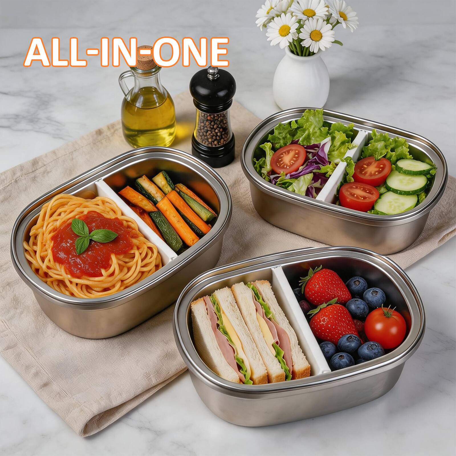 Alt View 3. KOOMADE - KOOMADE 304 Stainless Steel Divided Insulated Bento Box, Leakproof Lunch Box 4H Warm 8H Cold Container with Thermal Bag - Silver Lunch Box with Black Lid.