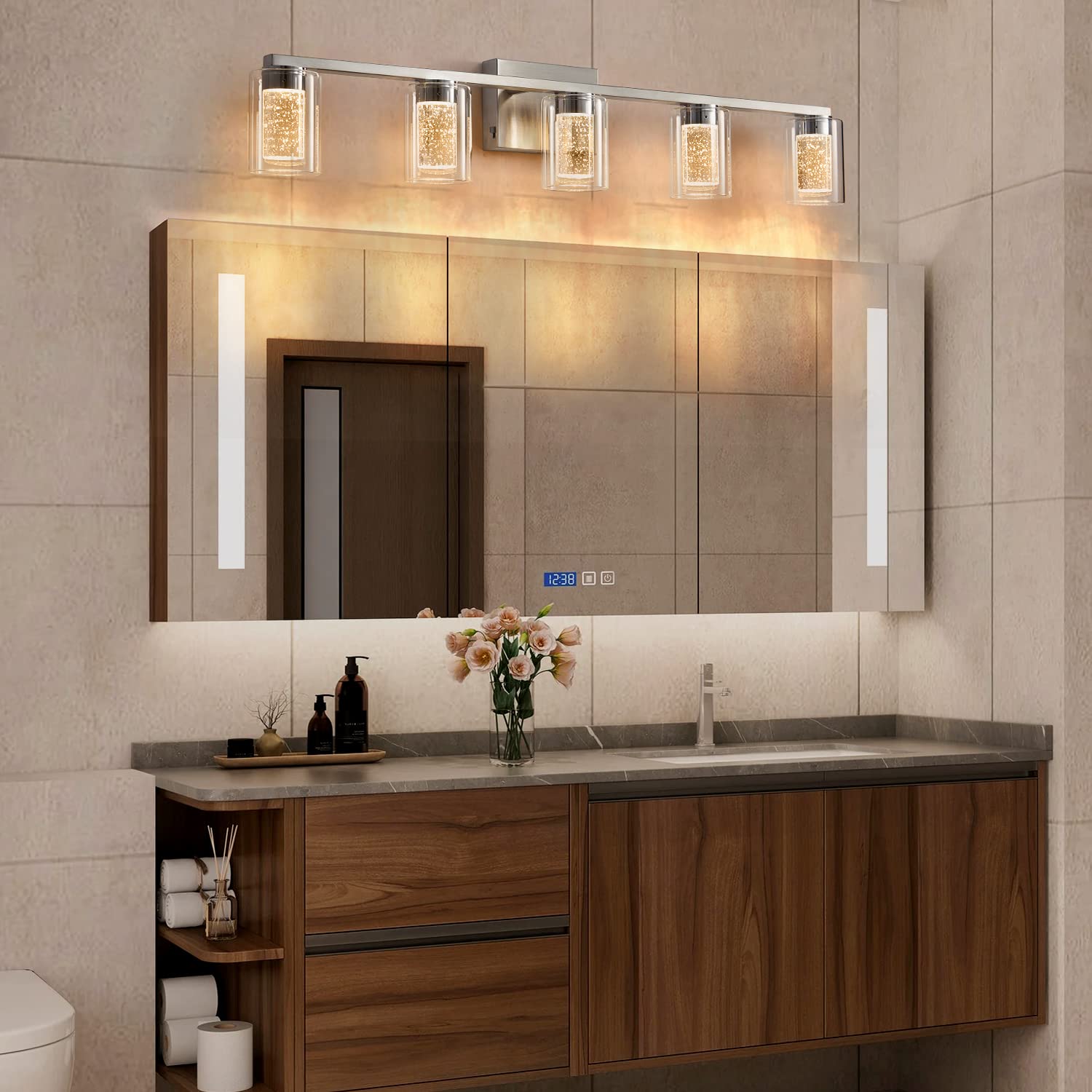 Left. Earthley Blooms - Bathroom Light Fixtures Brushed Nickel Vanity Over Mirror Color Led Lights With Crystal Bubble Glass Dimmab - Brushed Nickel 6 Light.