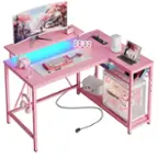 Front. Bestier - L-Shaped Gaming Desk with Power Outlets LED Lights and Reversible Storage Shelves & Hooks - 42" Wide - Pink.