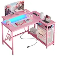 Bestier - L-Shaped Gaming Desk with Power Outlets LED Lights and Reversible Storage Shelves & Hooks - 42" Wide - Pink - Front_Zoom