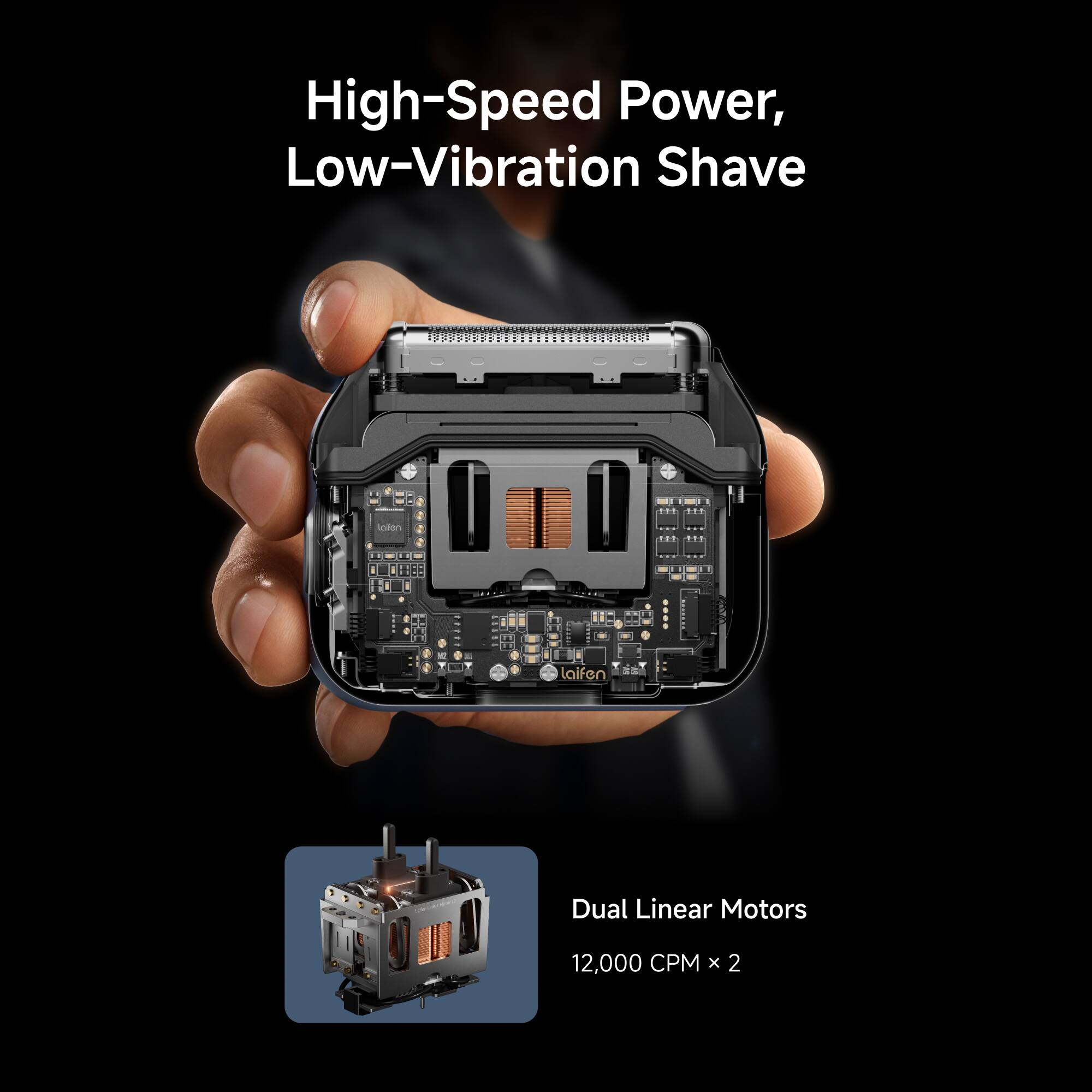 High-Speed Power, Low-Vibration Shave

Dual Linear Motors
12,000 CPM x 2