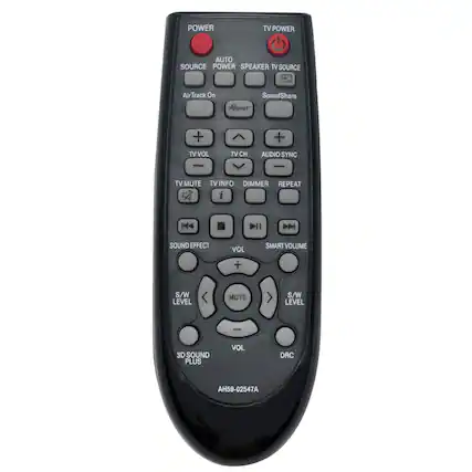POWER TV POWER AUTO SOURCE POWER SPEAKER TV SOURCE
AirTrack On SoundShare Ahynet*
TV VOL TV CH AUDIO SYNC
TV MUTE TV INFO DIMMER REPEAT
SOUND EFFECT VOL SMART VOLUME
S/W LEVEL MUTE S/W LEVEL
3D SOUND PLUS VOL DRC
AH59-02547A