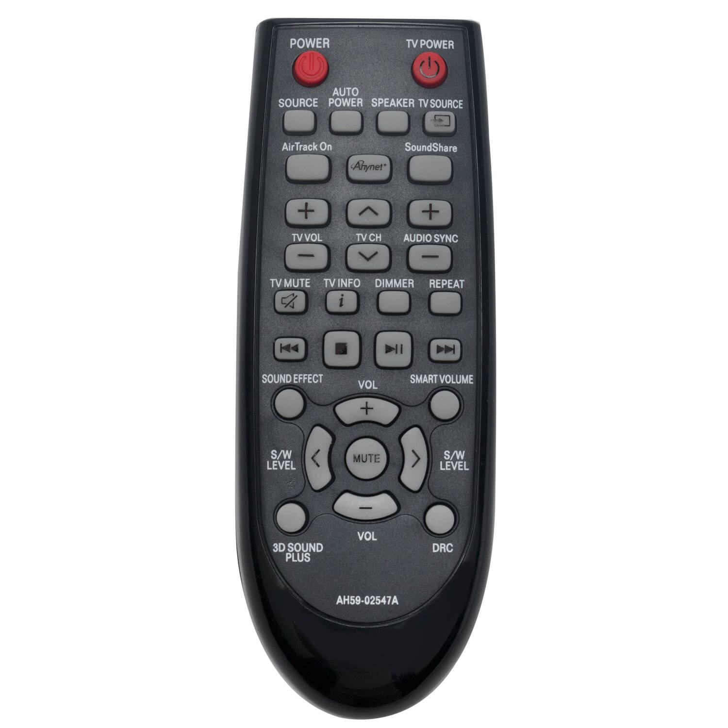 POWER TV POWER AUTO SOURCE POWER SPEAKER TV SOURCE  
AirTrack On SoundShare Ahynet*  
TV VOL TV CH AUDIO SYNC  
TV MUTE TV INFO DIMMER REPEAT  
SOUND EFFECT VOL SMART VOLUME  
S/W LEVEL MUTE S/W LEVEL  
3D SOUND PLUS VOL DRC  
AH59-02547A