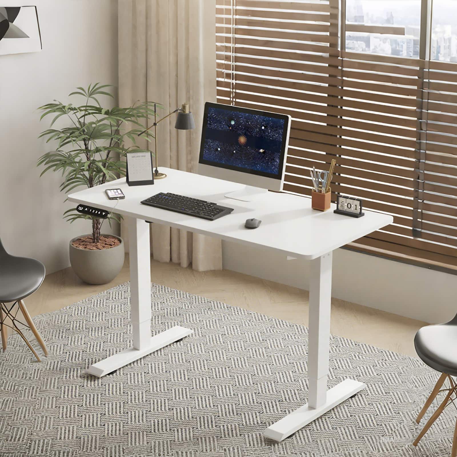 Chateau Abodes - 55" Electric Standing Desk with Adjustable Height, Real Wood Top & USB/LED, 4 Memory Buttons - White