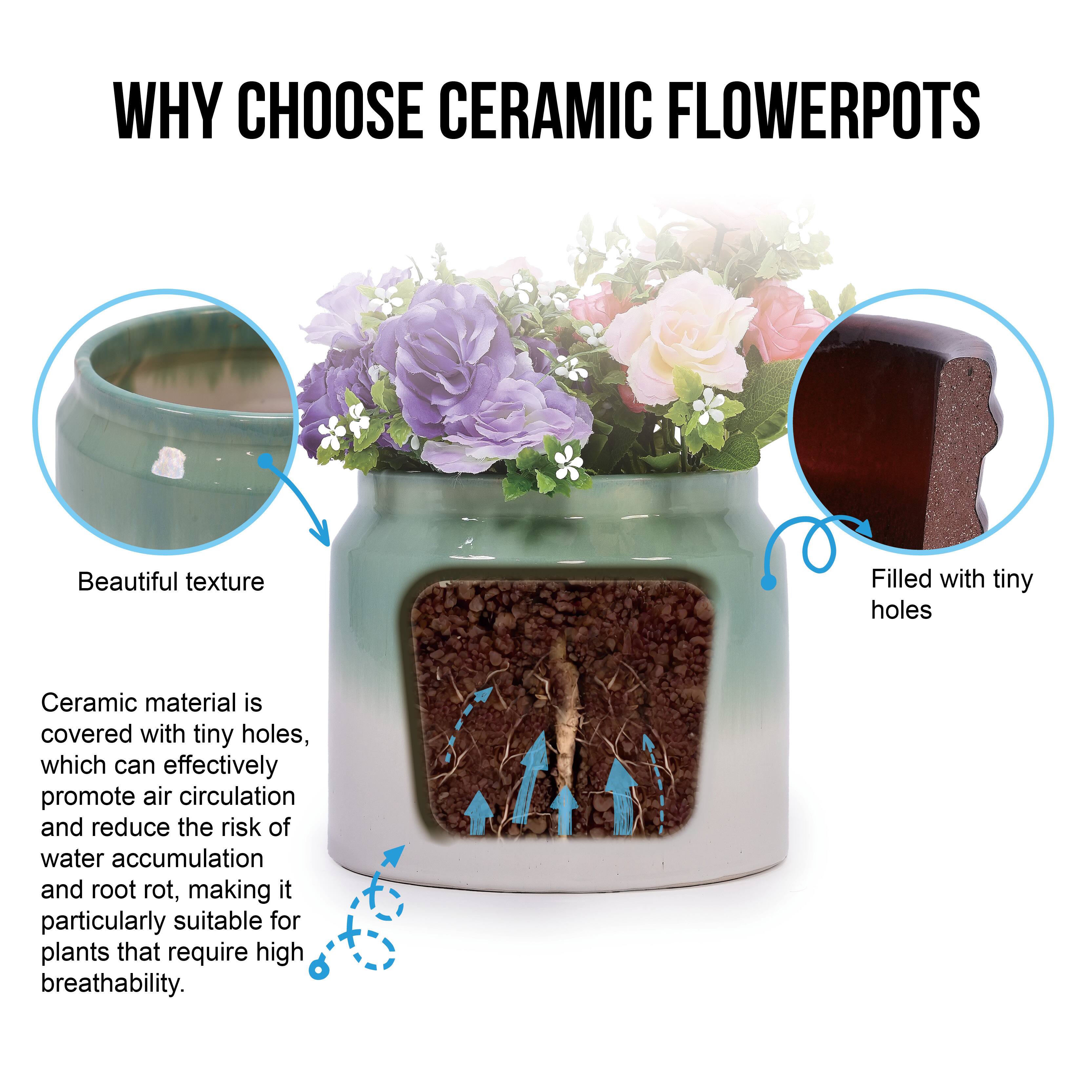 WHY CHOOSE CERAMIC FLOWER POTS

Beautiful texture

Ceramic material is covered with tiny holes, which can effectively promote air circulation and reduce the risk of water accumulation and root rot, making it particularly suitable for plants that require high breathability.

Filled with tiny holes