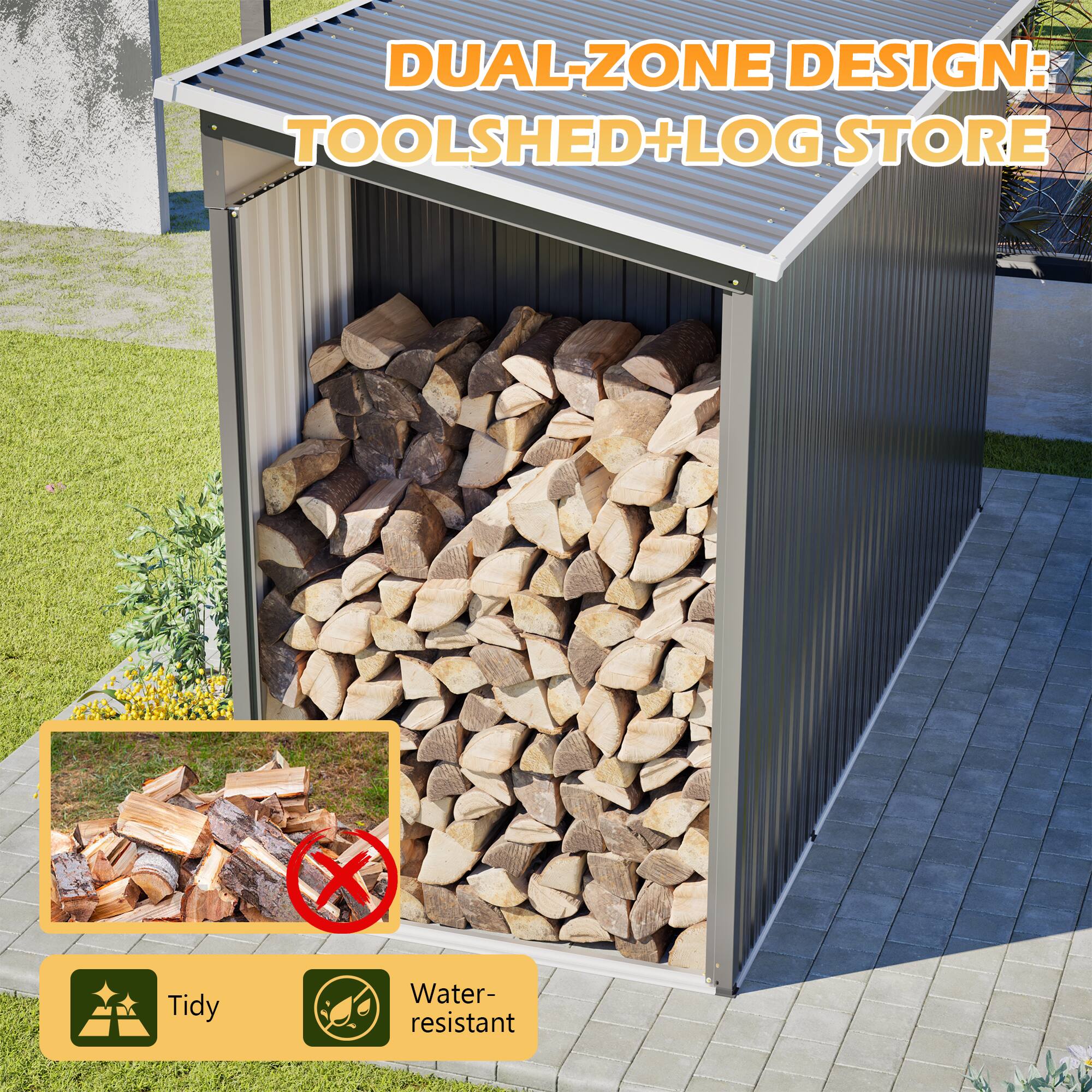 DUAL-ZONE DESIGN: TOOLSHED + LOG STORE

Tidy  
Water-resistant