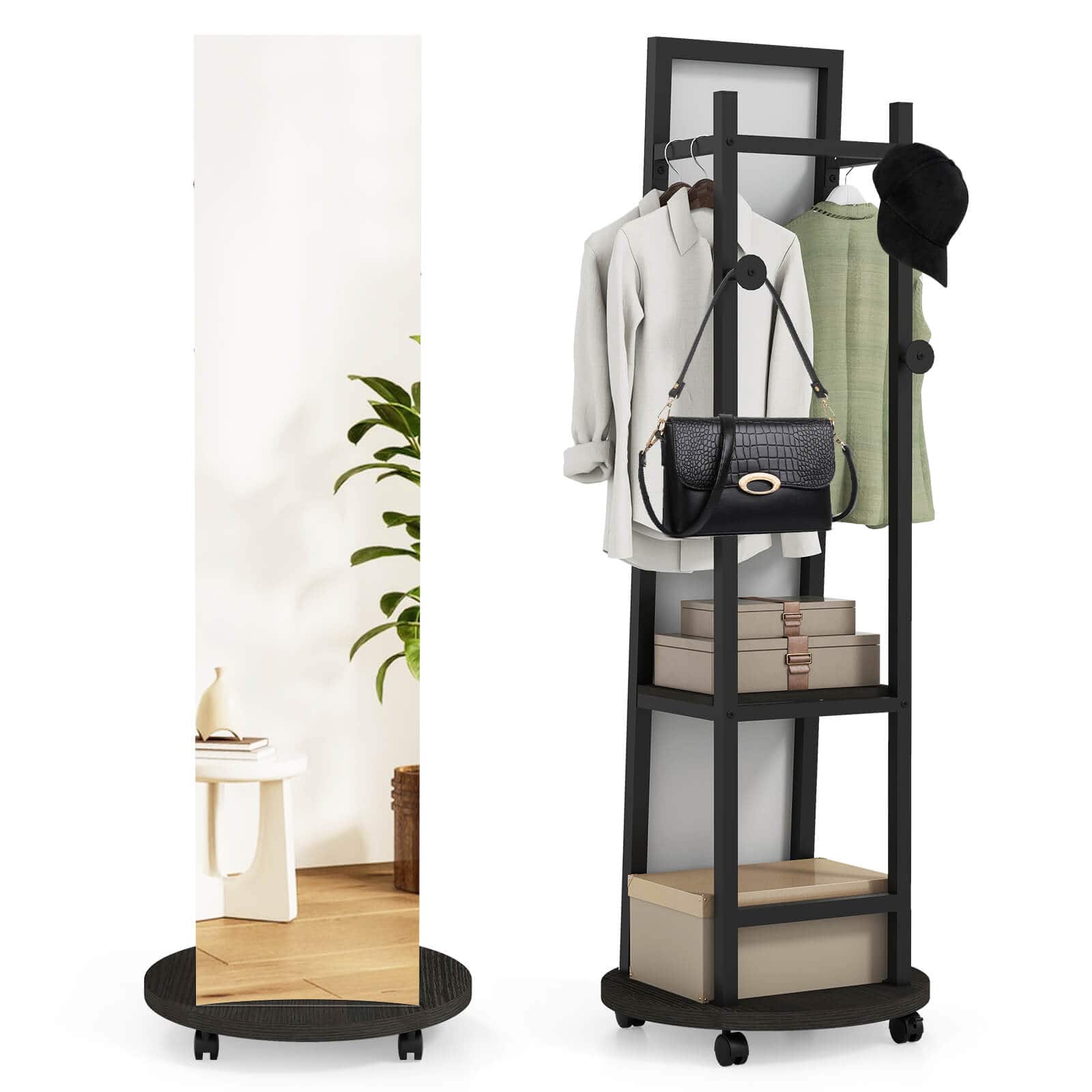 Costway - Coat Rack with Full Length Mirror, 3 Hooks & Storage Shelves, 360° Swivel Wheels - Black,Walnut