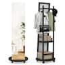 Costway - Coat Rack with Full Length Mirror, 3 Hooks & Storage Shelves, 360° Swivel Wheels - Black,Walnut