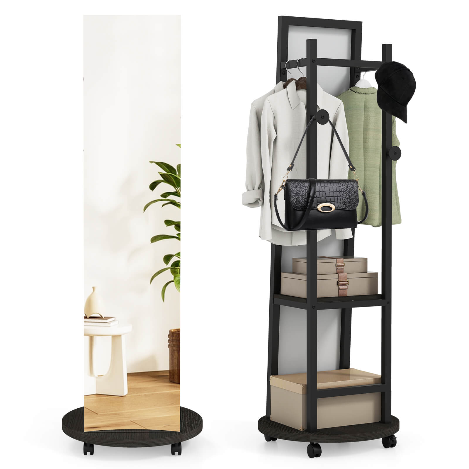 Front. Costway - Costway Coat Rack with Full Length Mirror, 3 Hooks & Storage Shelves, 360° Swivel Wheels - Black,Walnut.
