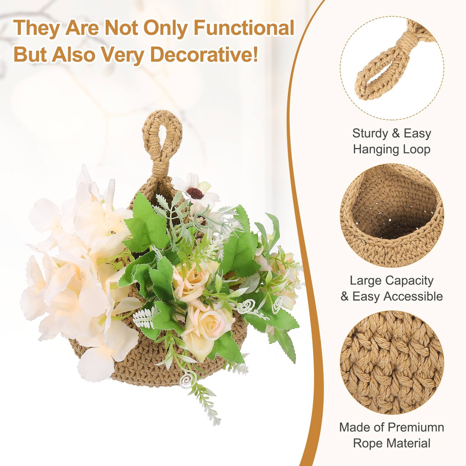 They Are Not Only Functional But Also Very Decorative! Sturdy & Easy Hanging Loop Large Capacity & Easy Accessible Made of Premium Rope Material