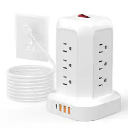 Cluzine - Vertical Tower Power Strip with USB Ports, Multi Outlet Desktop Charging Station for Office Desk - White