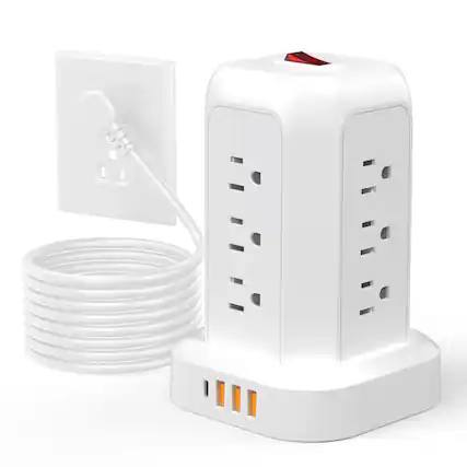 Front. Cluzine - Vertical Tower Power Strip with USB Ports, Multi Outlet Desktop Charging Station for Office Desk - White.