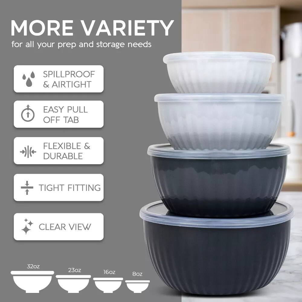 MORE VARIETY for all your prep and storage needs  
SPILLPROOF & AIRTIGHT  
EASY PULL OFF TAB  
FLEXIBLE & DURABLE  
TIGHT FITTING  
CLEAR VIEW  

32oz 23oz 16oz 8oz