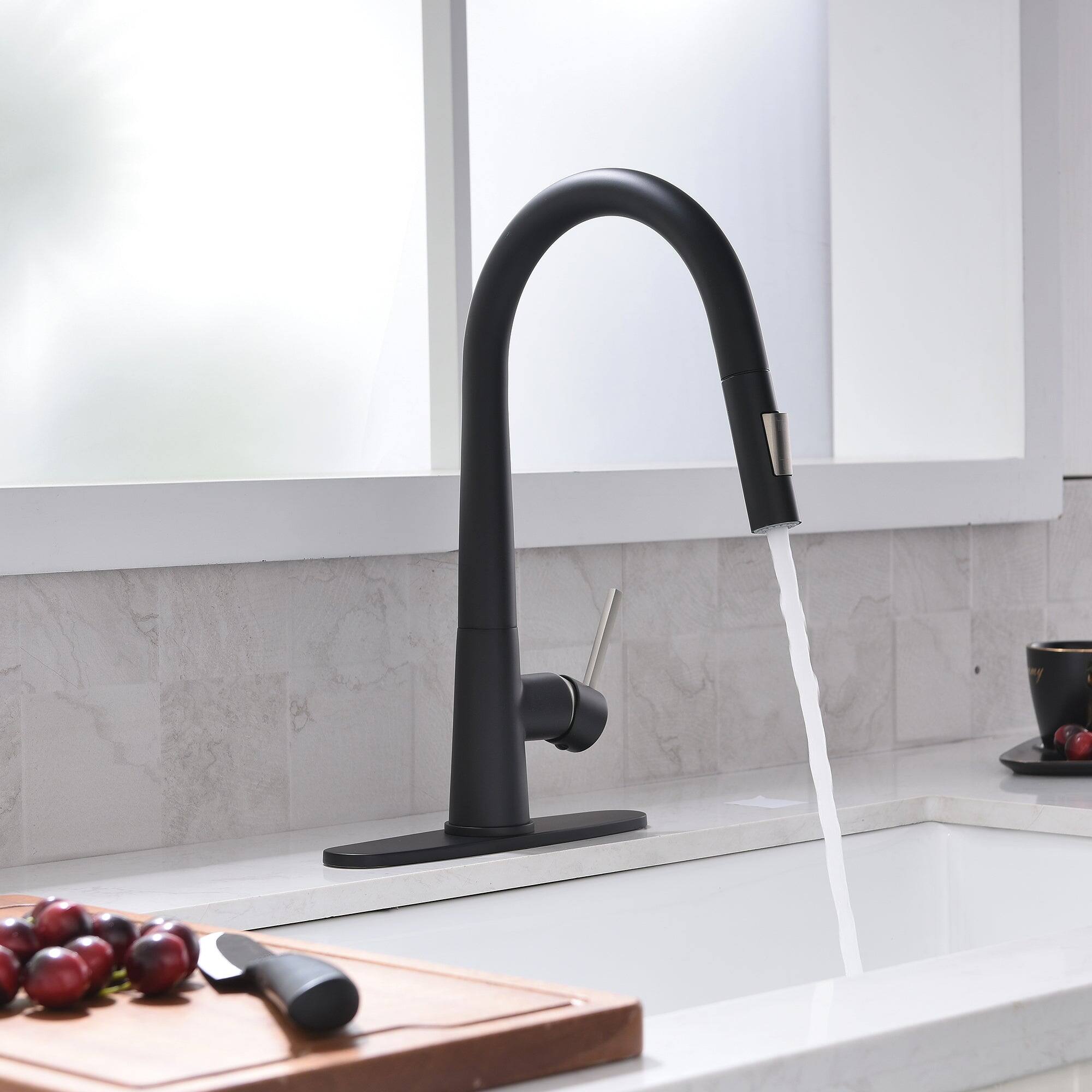 Alt View 10. Boyel Living - Matte Black 2 Spray Patterns Single Handle Pull Down Sprayer Kitchen Faucet with Deckplate Included - Matte Black.