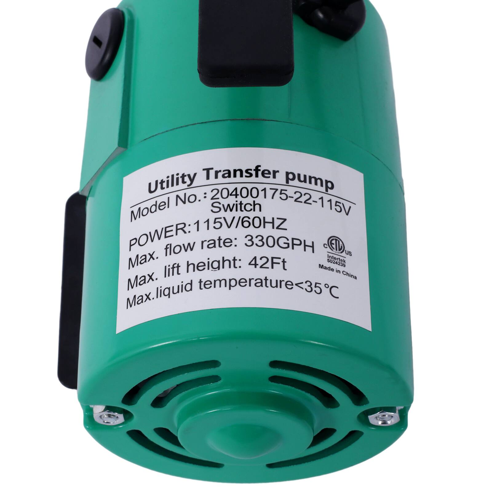 Utility Transfer Pump  
Model No.: 20400175-22-115V  
Switch: 115V/60Hz  
POWER: 115V/60Hz  
Max. flow rate: 330GPH  
Max. lift height: 42Ft  
Max. liquid temperature: <35°C  
Made in China  
Intertek 0024239