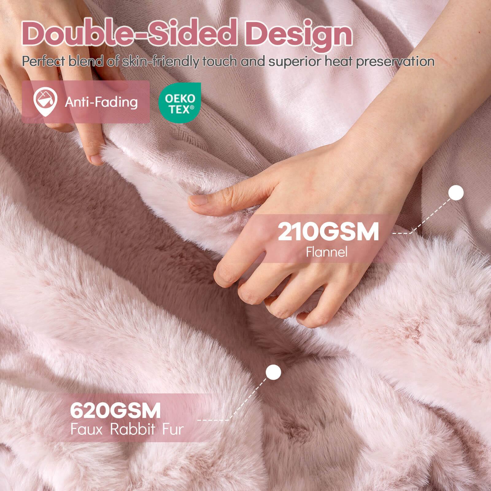 Double-Sided Design  
Perfect blend of skin-friendly touch and superior heat preservation  

Anti-Fading  
OEKO TEX  

210GSM Flannel  
620GSM Faux Rabbit Fur