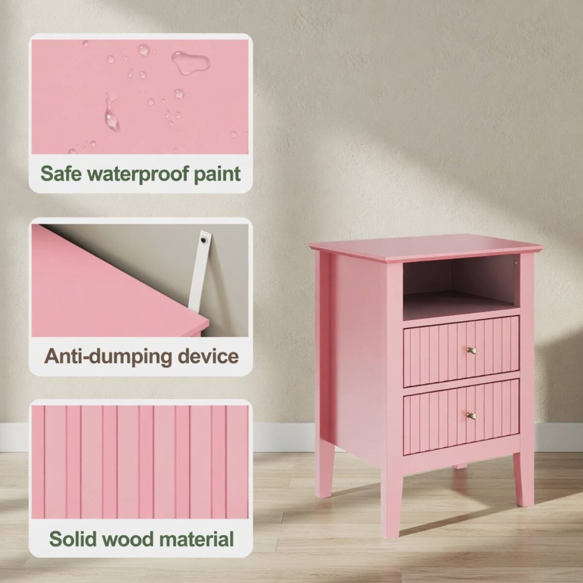 Safe waterproof paint  
Anti-dumping device  
Solid wood material