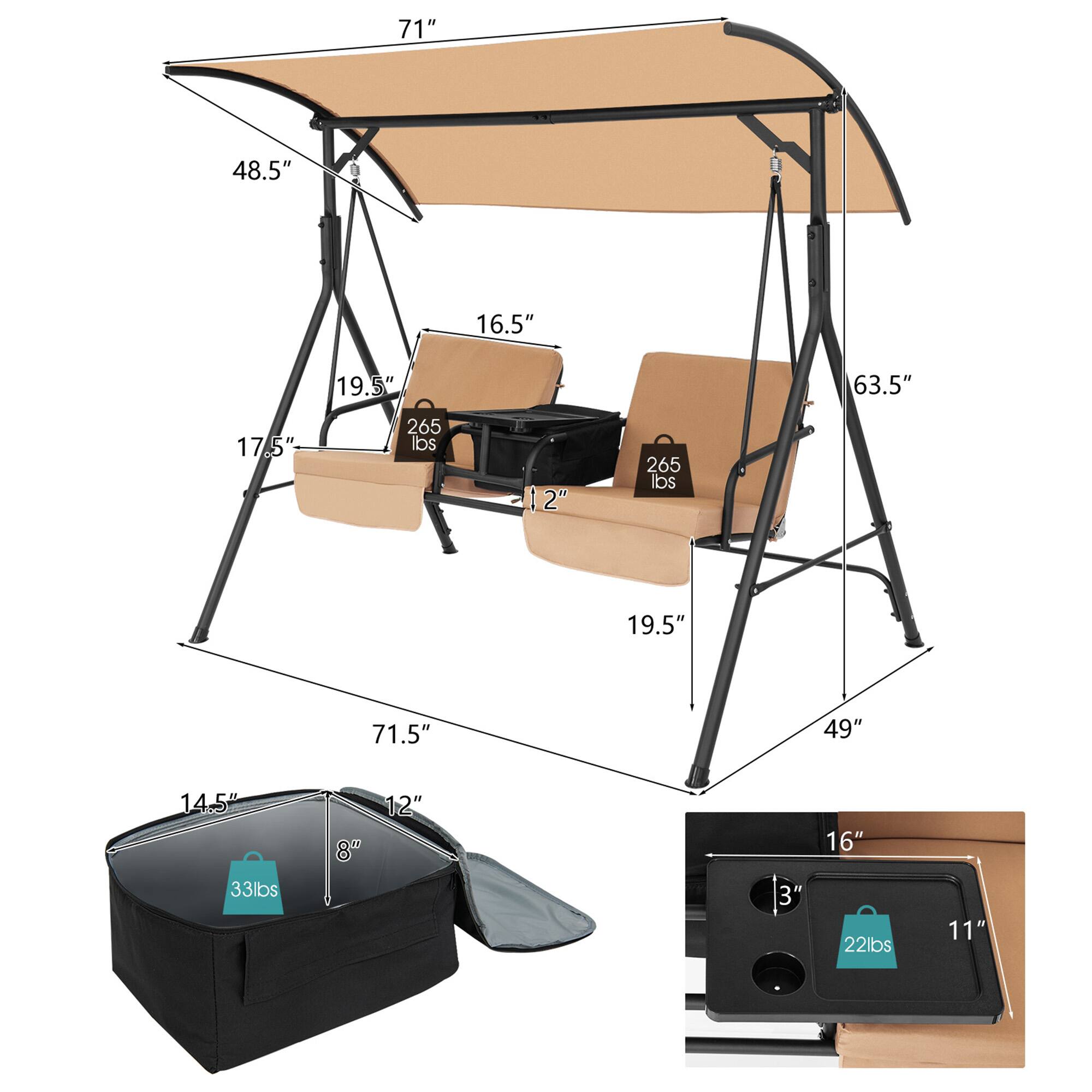 Alt View 2. Gymax - Gymax 2-Person Canopy Porch Swing Padded Chair Cooler Bag Rotatable Tray Beige - Beige.