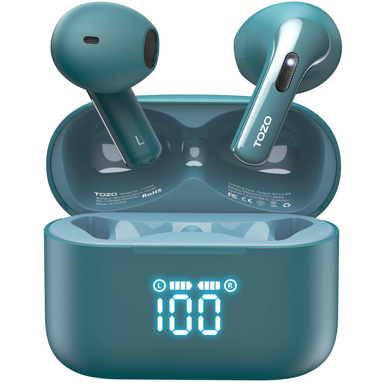 TOZO - T21 Wireless Earbuds, Bluetooth 5.3, Dual Mic Noise Cancelling, IPX8, 44H Playback, LED Display, 32 EQs - Green
