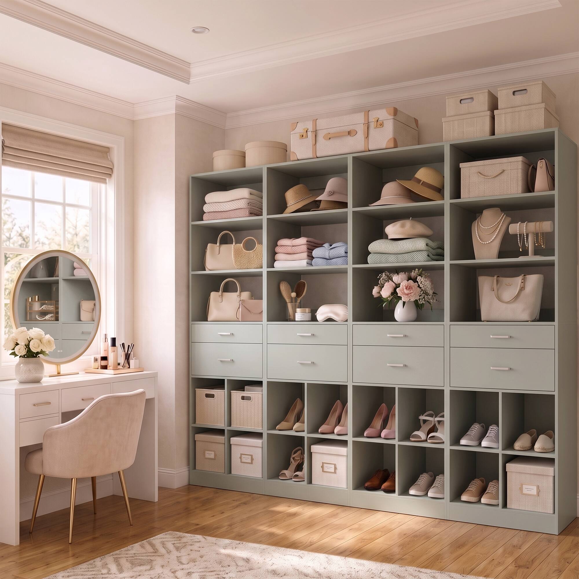 Left. Aheaplus - 22" 4-Piece Floor-Standing Closet System with Adjustable Shelves & Smooth-Glide Drawers,Ships in 4 packages - Cyan.