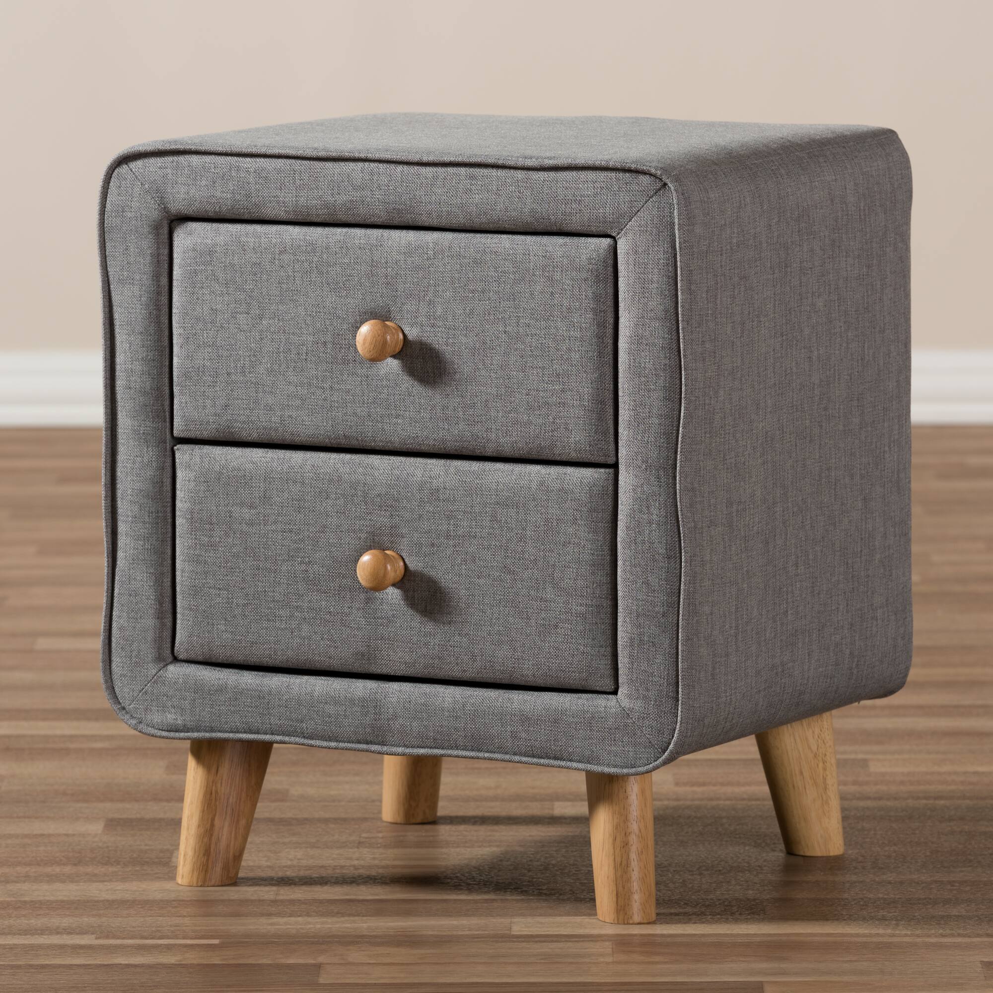 Alt View 4. Baxton Studio - Jonesy Mid-Century Fabric Upholstered 2-Drawer Nightstand - Grey.
