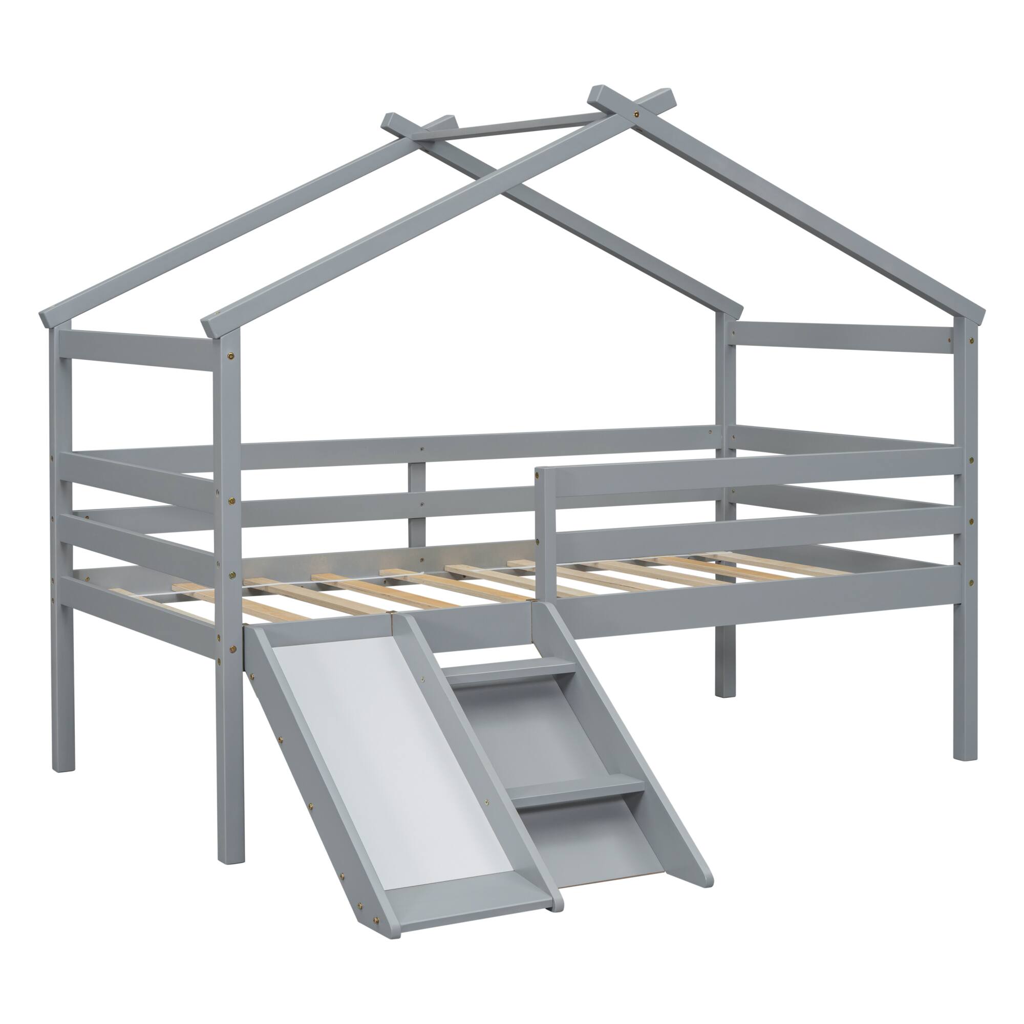 Back. GOODSILO - Low Loft House Bed with Slide and Ladder for Kids Featuring Safety Guardrails and Play Space - Grey.