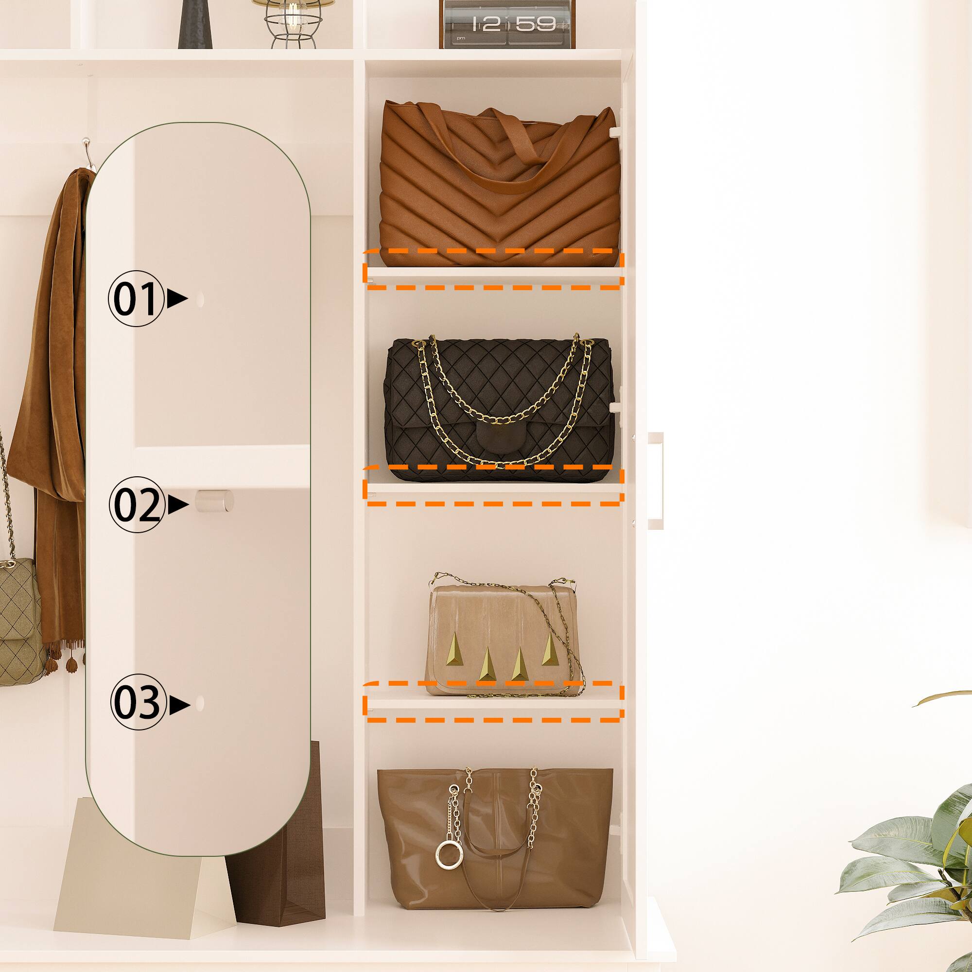 Alt View 8. FUFU & GAGA - Hall Tree with Mirror and Storage Bench Elegant Entryway Organizer with Coat Hooks and Shelves - White.