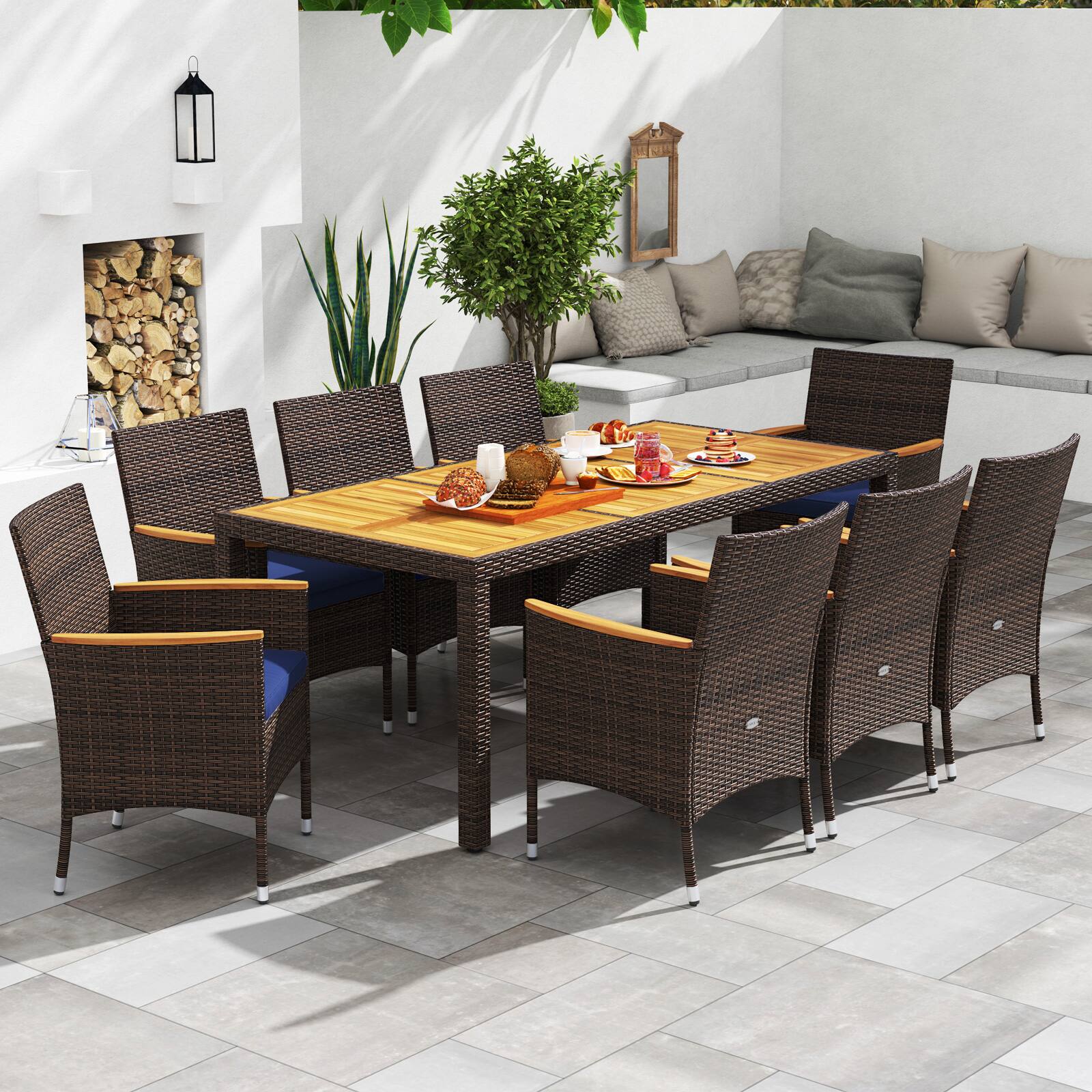 Alt View 1. Gymax - Gymax 9 Pieces Patio PE Wicker Dining Set Outdoor Acacia Wood Table & Chairs - Brown, Navy.