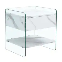 Spaco - Modern Bedside Table with Drawers, Grain Surface, Tempered Glass Sides, Elegant Storage for Bedroom - Transparent