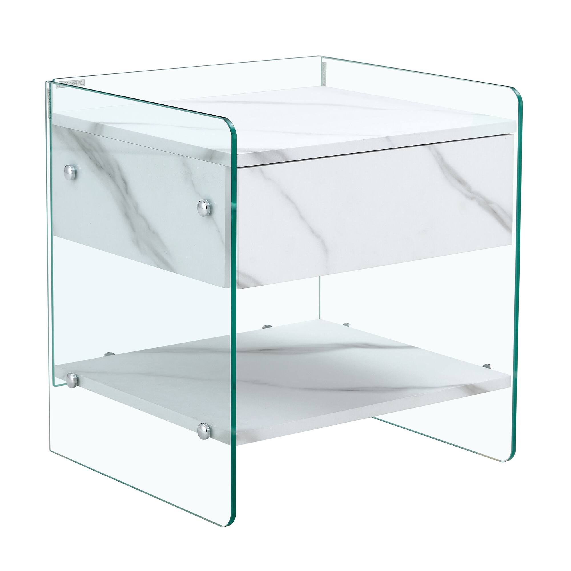 Front. Spaco - Spaco Modern Bedside Table with Drawers, Grain Surface, Transparent Tempered Glass Sides, Elegant Storage for Bedroom - Transparent.
