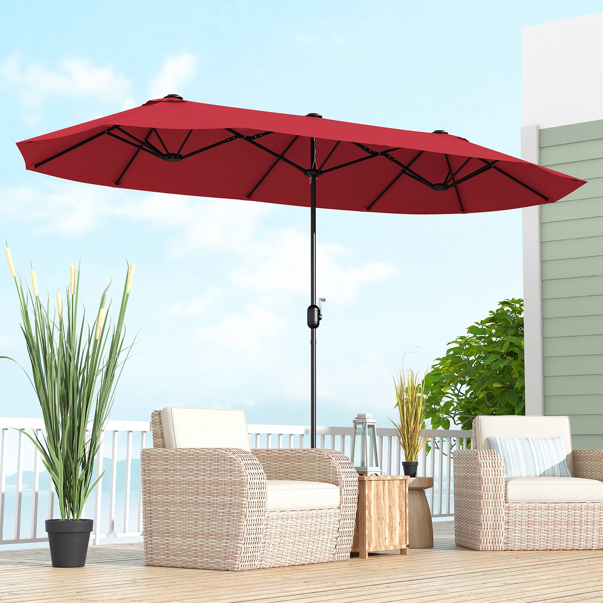 Alt View 3. Gymax - Gymax 13FT Double-sided Patio Umbrella w/ Crank Handle Umbrella Base Safety Lock Wine - Wine.