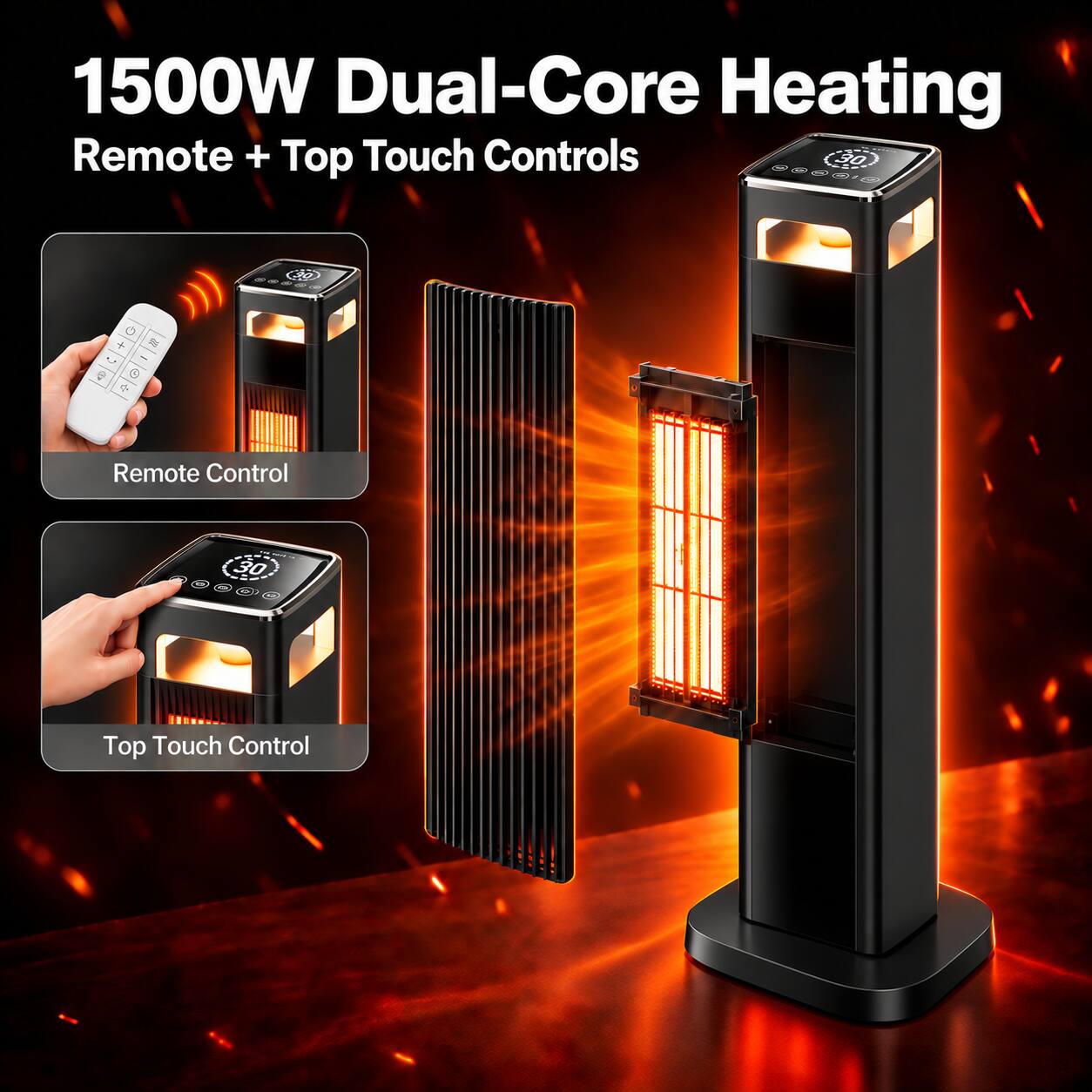 Mountman 1500W Tower Space Heater, Dual DC Fans, Ambient Light, Remote ...