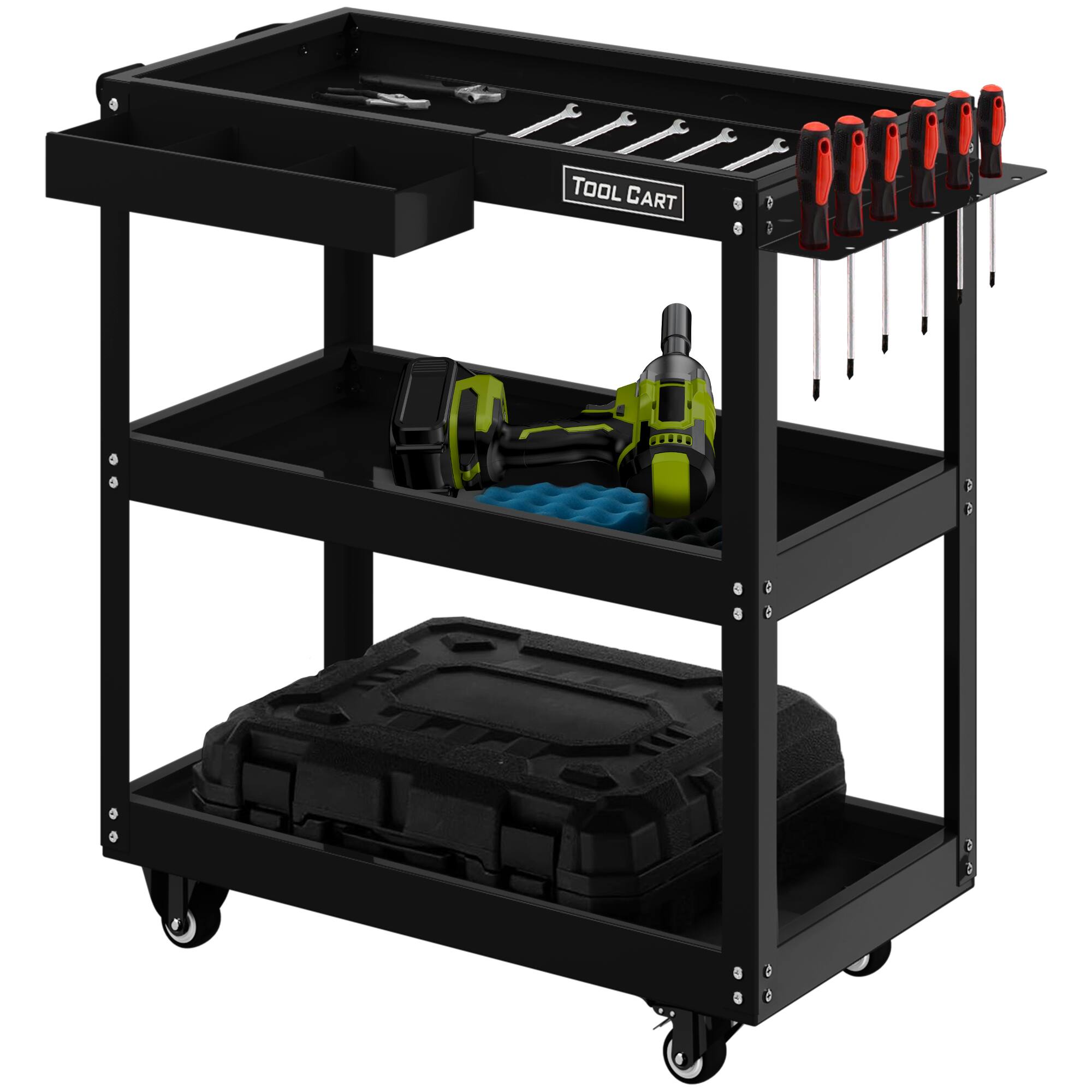 Silvel - Heavy-Duty 440 lbs Lockable 3-Tier Metal Rolling Tool Cart, 4-Wheel Mobile Storage Cabinet, Tool Chest - Black