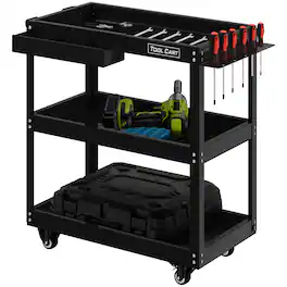 Silvel - Heavy-Duty 440 lbs Lockable 3-Tier Metal Rolling Tool Cart, 4-Wheel Mobile Storage Cabinet, Tool Chest - Black