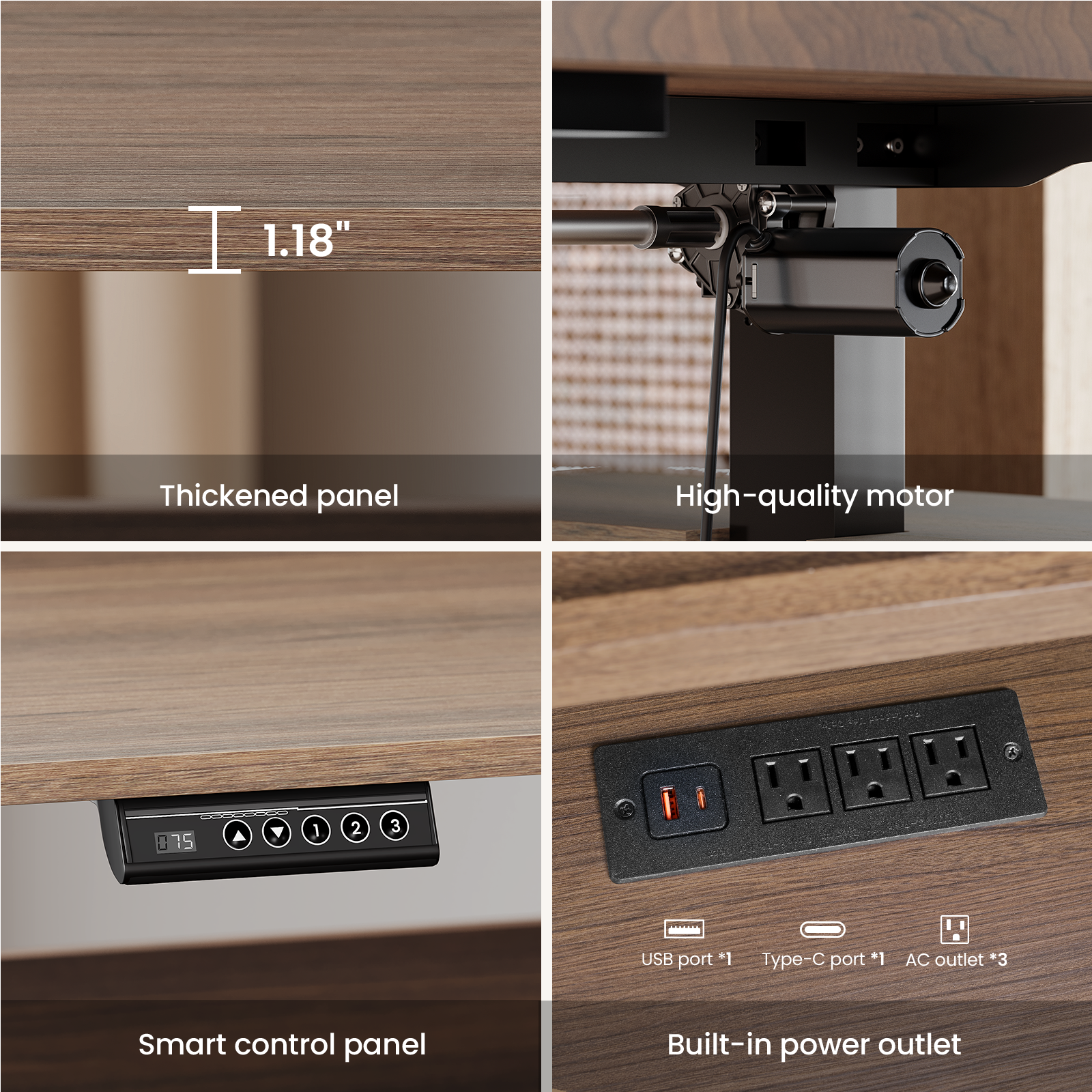 1.18" Thickened panel  
High-quality motor  
Smart control panel  
USB port *1  
Type-C port *1  
AC outlet *3  
Built-in power outlet