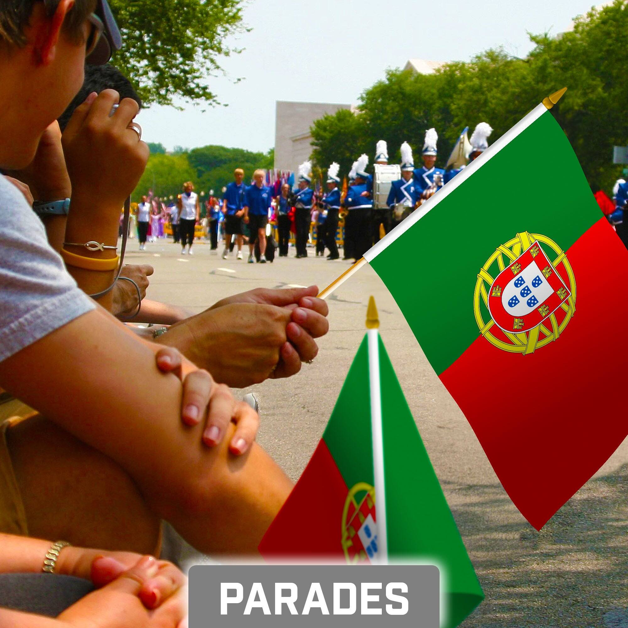 Alt View 1. G128 - 50-Pack Portugal Handheld Stick Flags — 8" x 12", 150D Polyester with Wooden Stick and Gold Tip. - Assorted Colors.