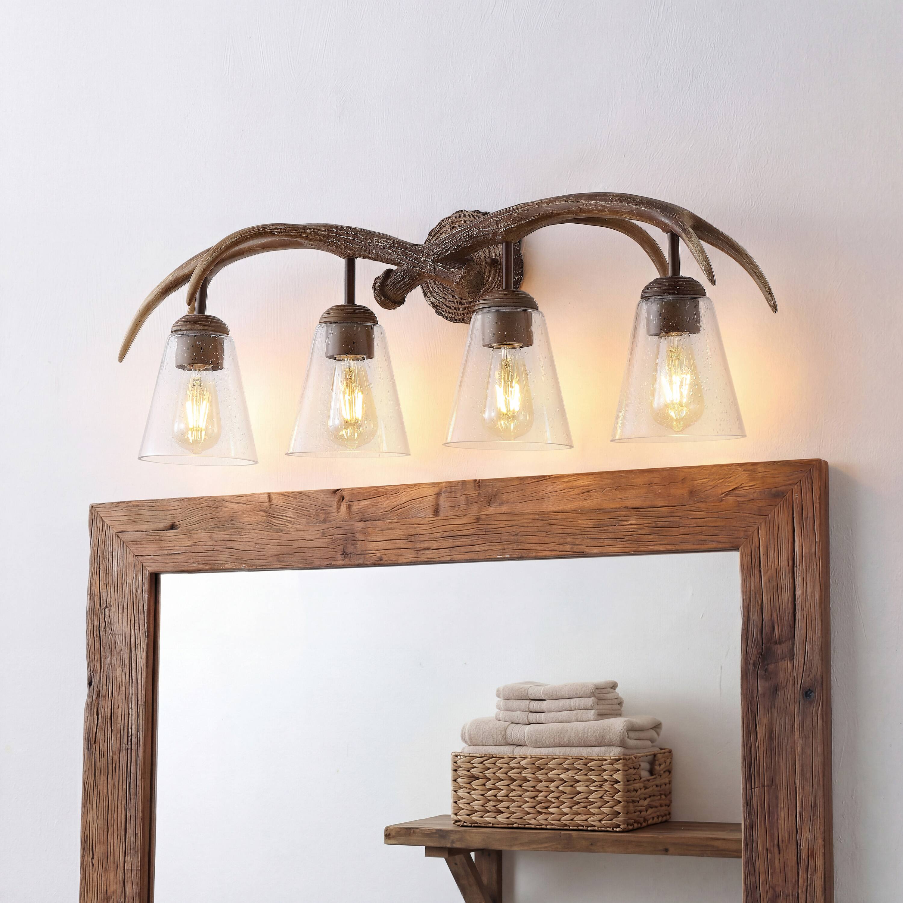 Alt View 1. Jonathan Y - Wyatt 32.5" 4-Light Southwestern Bohemian Resin/Seeded Glass Faux Antler LED Vanity Light, Brown Wood Finish - Brown Wood Finish.