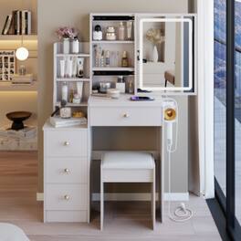 LUCKY ONE - 29.2in Small Vanity Set with Touch Control LED Sliding Mirror, 2AC+USB+TypeC, Hair Dryer Stand and Stool - White