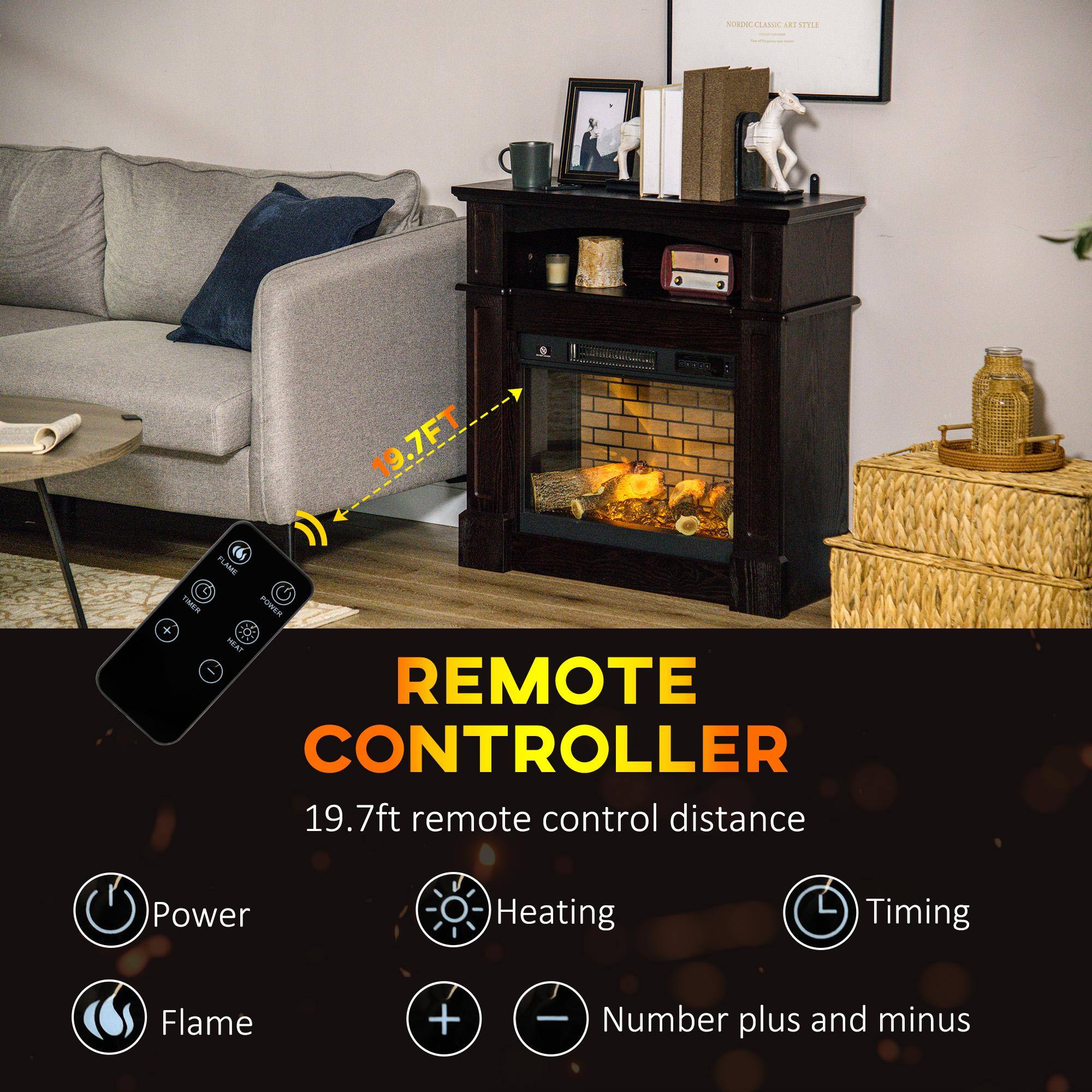 REMOTE CONTROLLER

19.7ft remote control distance

- Power
- Heating
- Timing
- Flame
- Number plus and minus