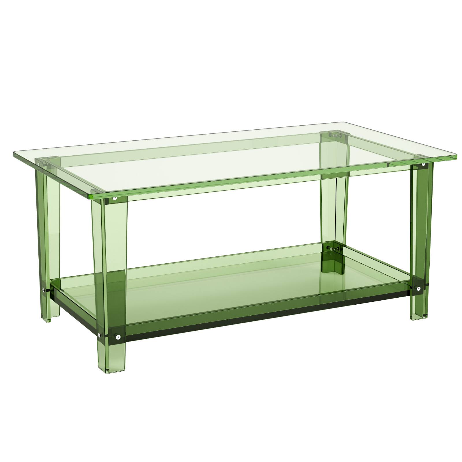 Alt View 5. VEVOR - Acrylic Coffee Table, 2 Tiers Center Table with Storage Shelf, Modern Rectangle Acrylic Coffee Desk - Transparent green.