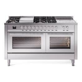 ILVE - Professional Plus II Series 60 in. Dual Fuel Range with 7 Sealed Burners + Griddle (Liquid Propane, Satin Trim) - Stainless Steel