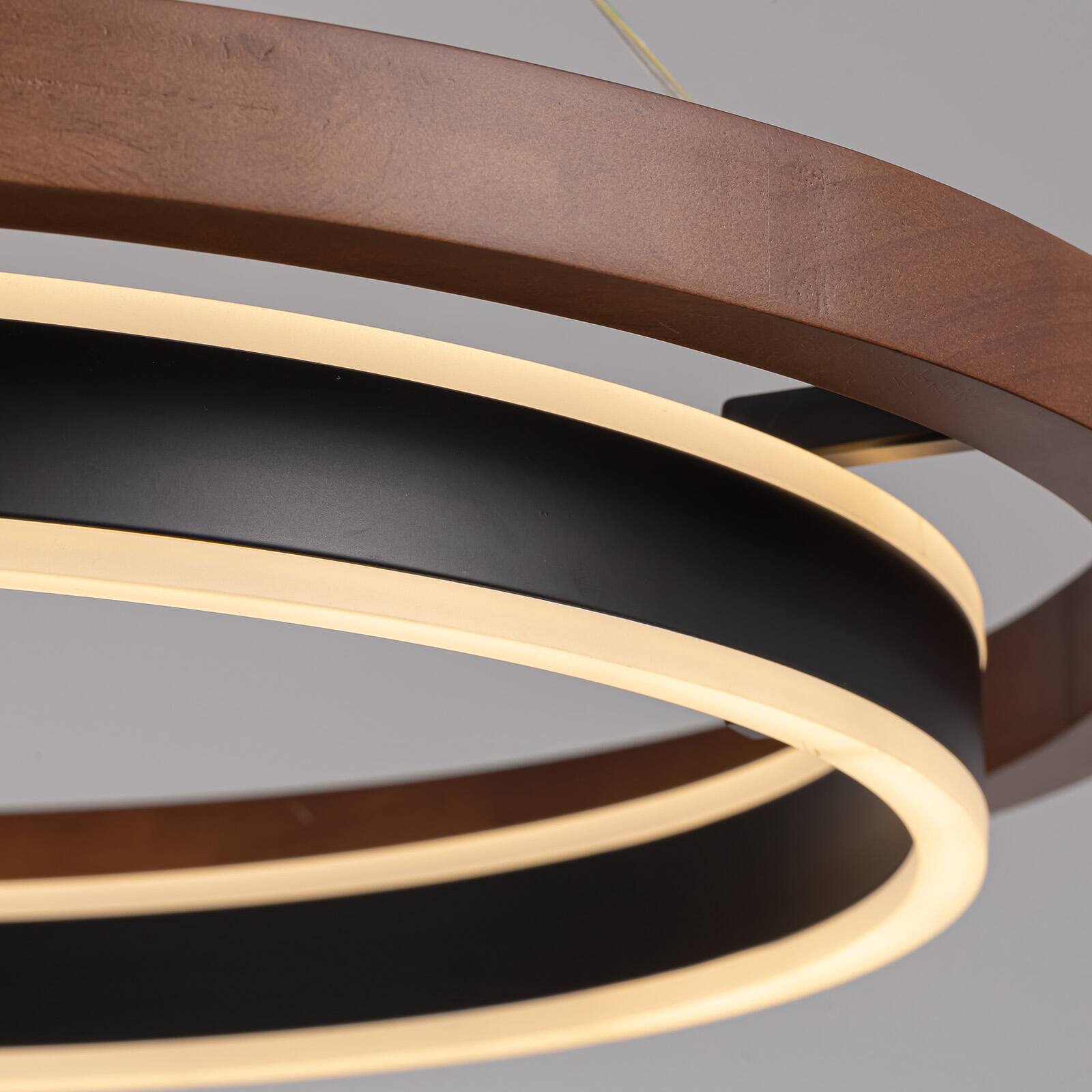 Alt View 8. Siljoy - 23.6 Inch Double Ring LED Pendant Light, Modern Wood Grain Nordic Chandelier for Living Room Dining Bedroom - Brown.