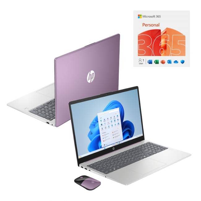 15.6" HD AI Laptop with Copilot Intel N100 4GB RAM 128GB UFS HP Wireless Mouse +1Year Microsoft 365 - Winter Lavender