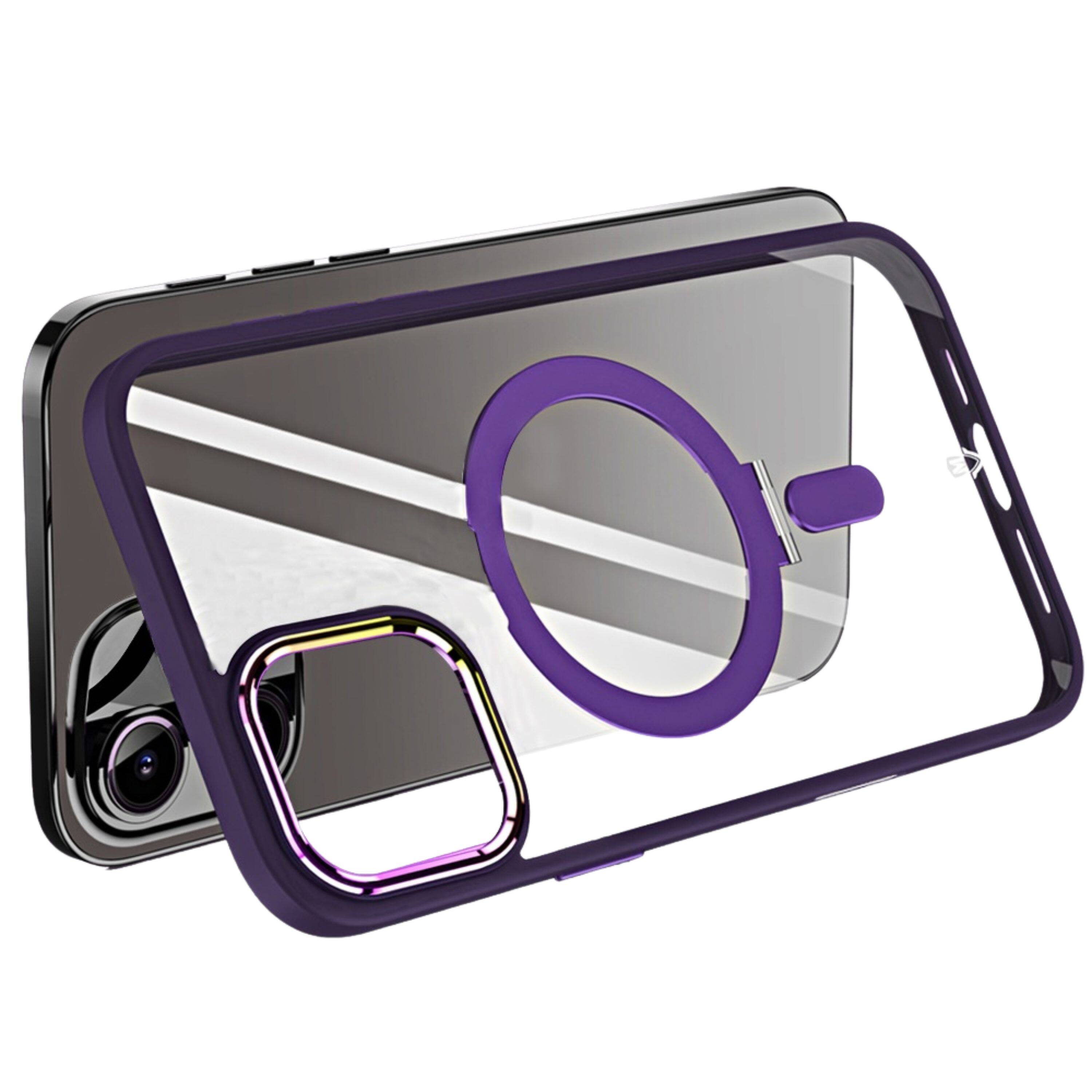 Left. Kitcheniva - Chrome Magnetic Ring Stand Case With Tempered Glass For iPhone 16 Dark Purple - Dark Purple.