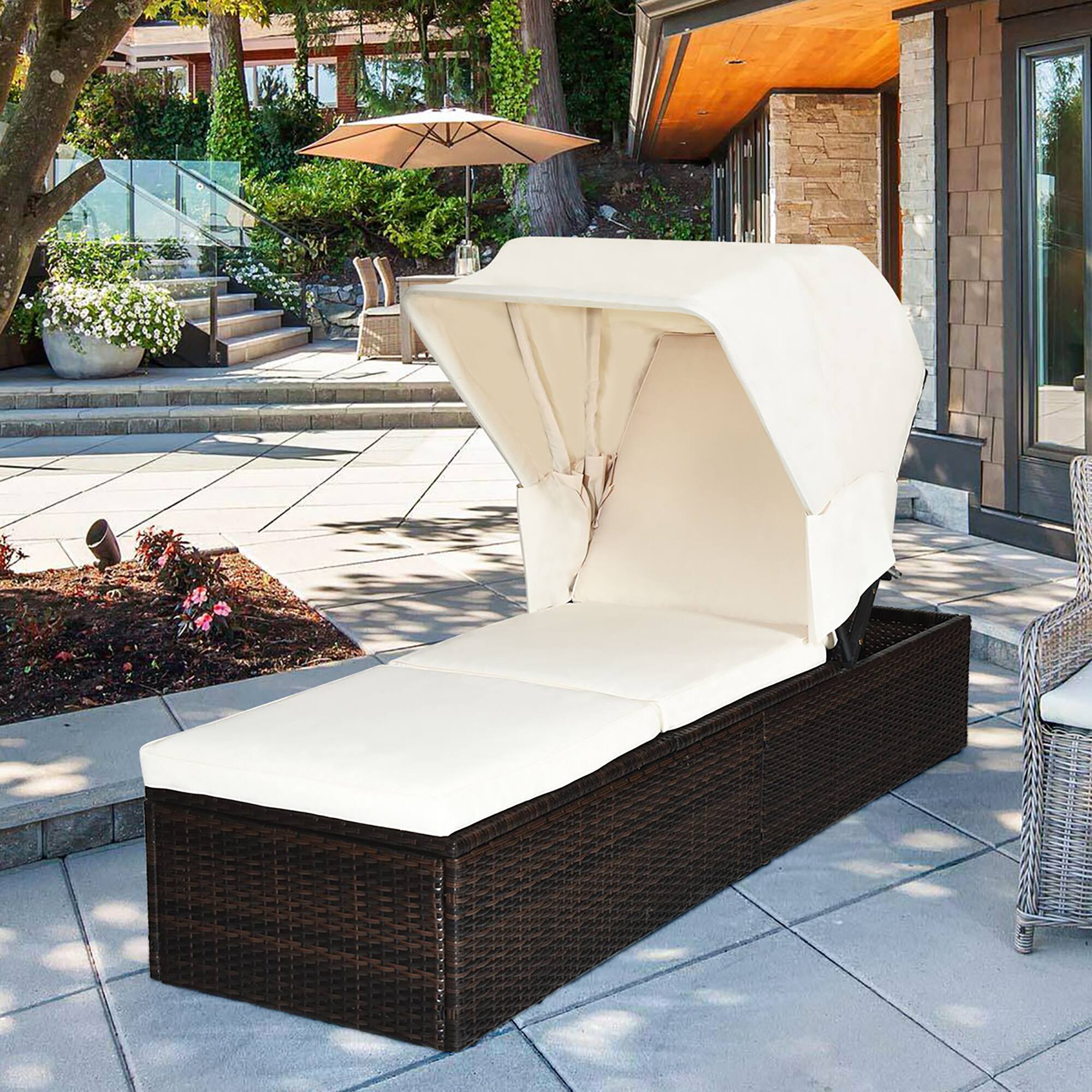 Alt View 1. Costway - Costway Patio Rattan Lounge Chair Chaise Cushioned Top Canopy Adjustable - White.