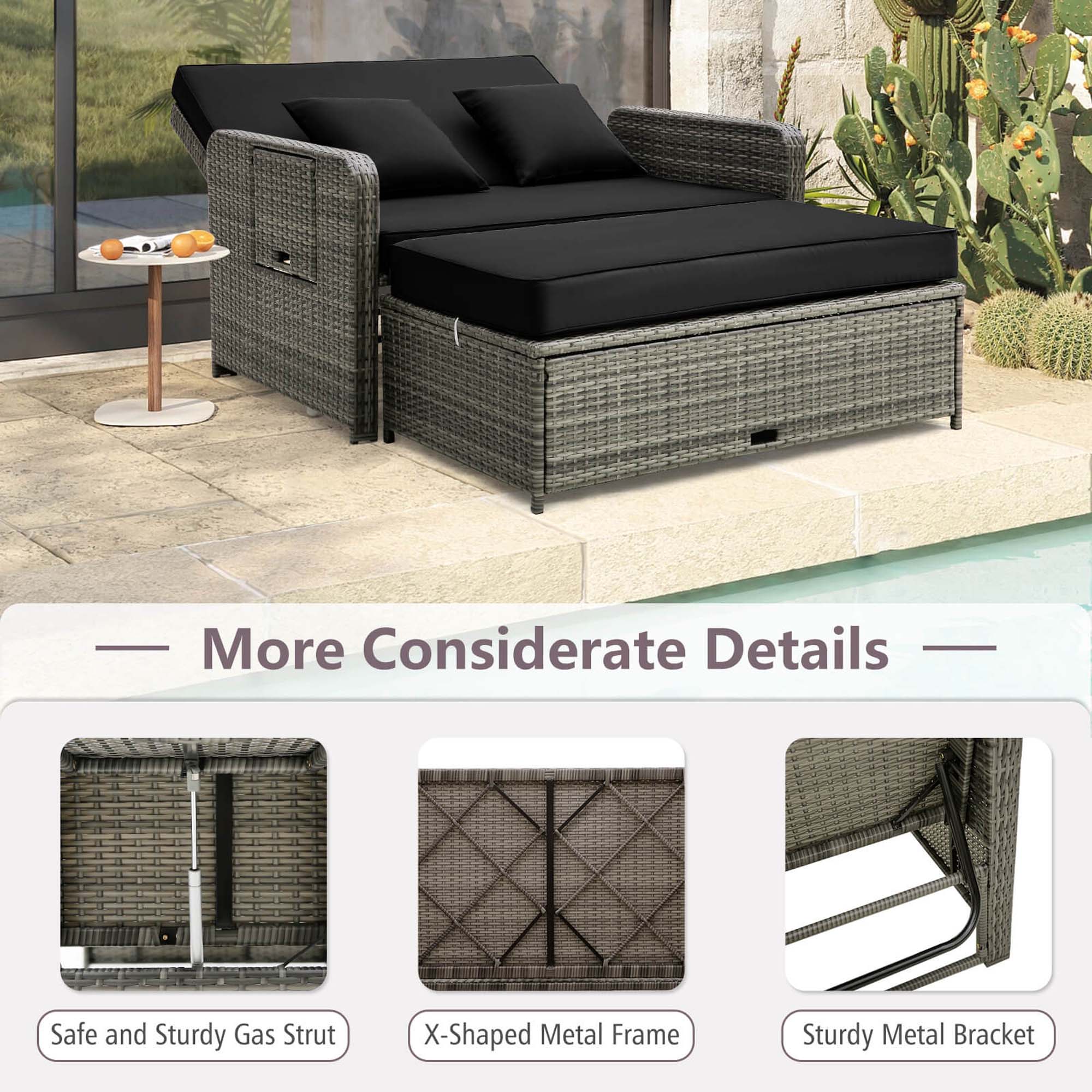 The image features a wicker patio set with a black cushion on it. The set includes a table and chairs, and there are several oranges placed on the table. The scene is set outdoors, possibly on a patio or deck. The image also includes a close-up of the wicker patio set, showcasing its details.