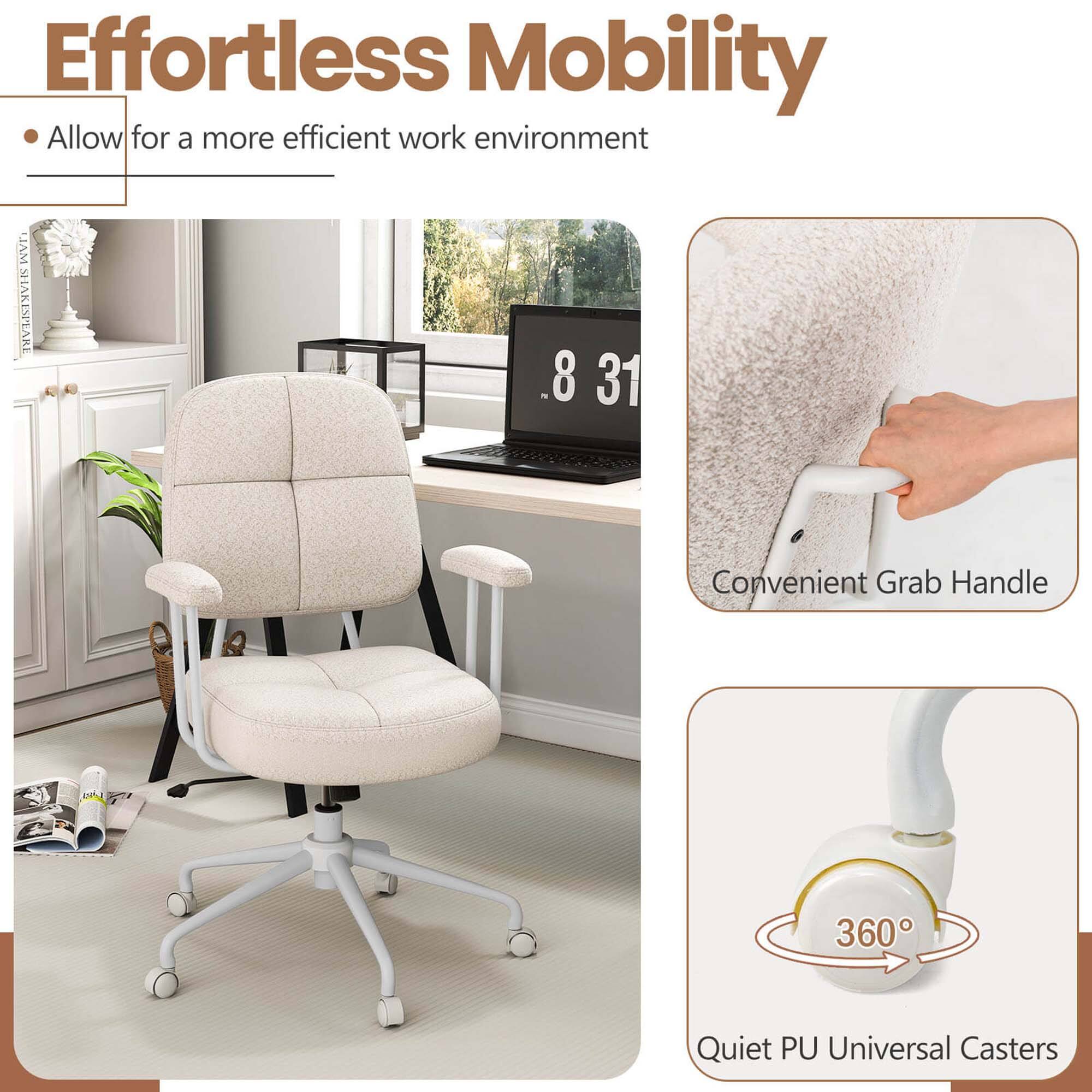 Effortless Mobility: Allow for a more efficient work environment. Convenient Grab Handle: 360 Quiet PU Universal Casters.