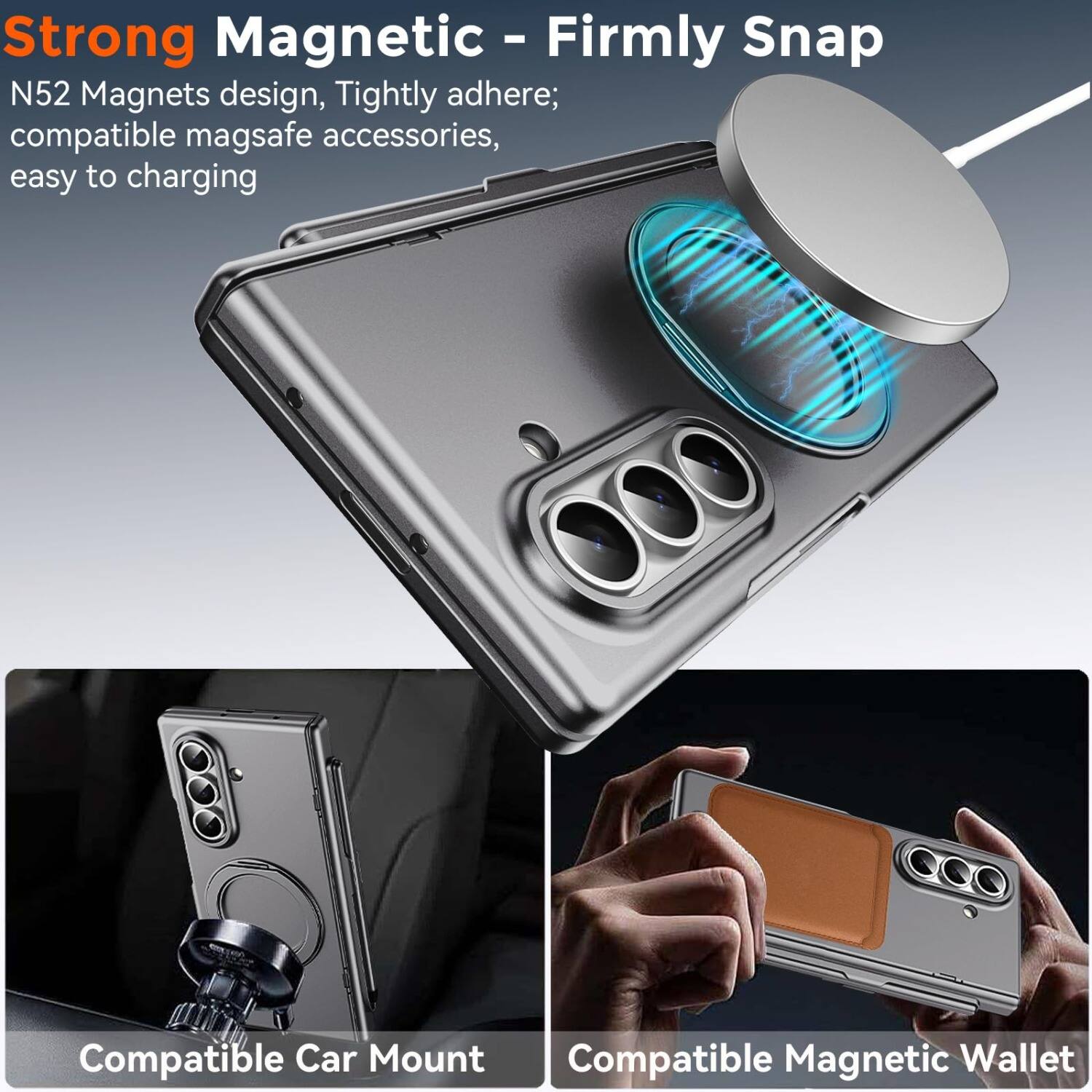 Strong Magnetic - Firmly Snap  
N52 Magnets design, Tightly adhere; compatible mag safe accessories, easy to charging  

Compatible Car Mount  
Compatible Magnetic Wallet