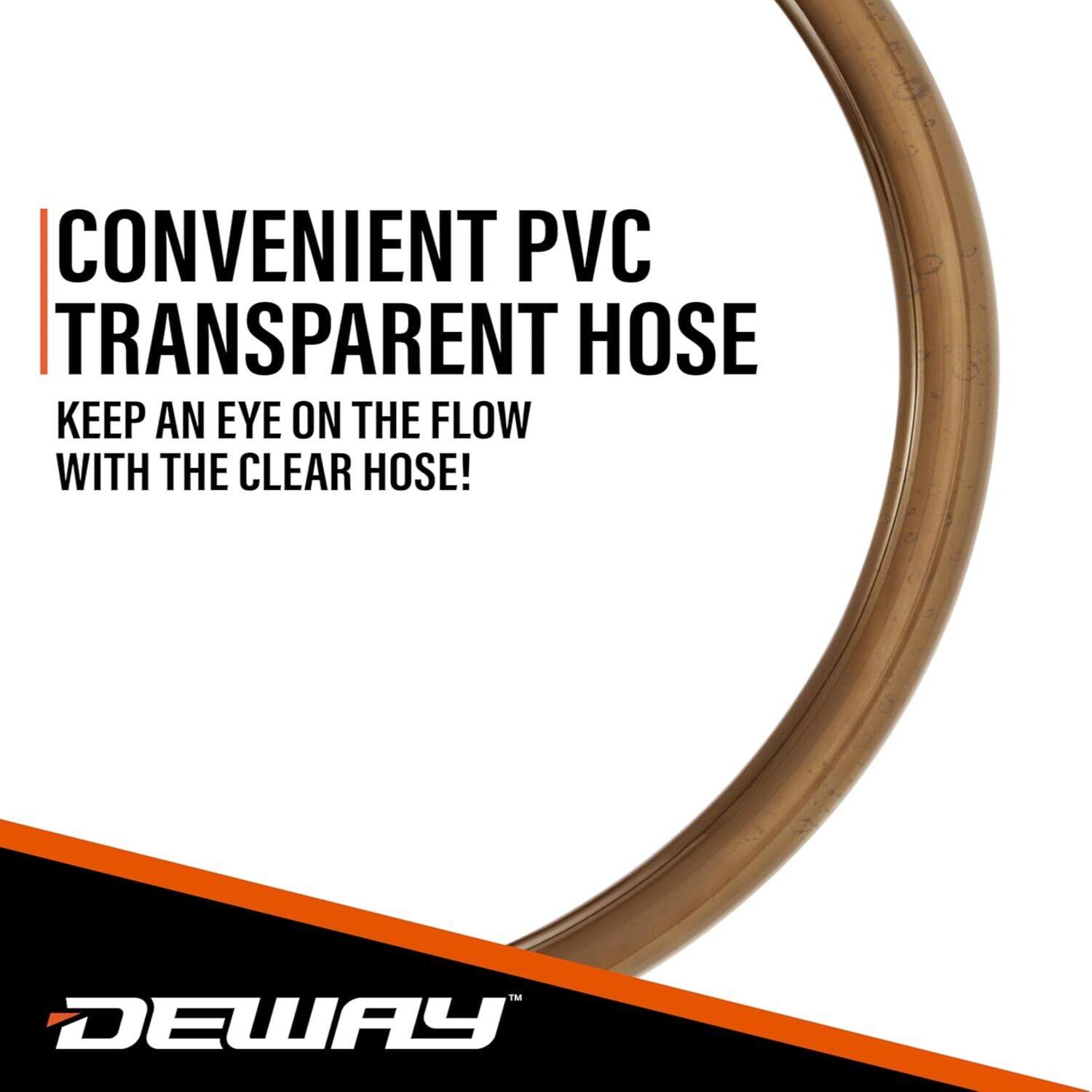 CONVENIENT PVC TRANSPARENT HOSE  
KEEP AN EYE ON THE FLOW WITH THE CLEAR HOSE!  
DEWAY