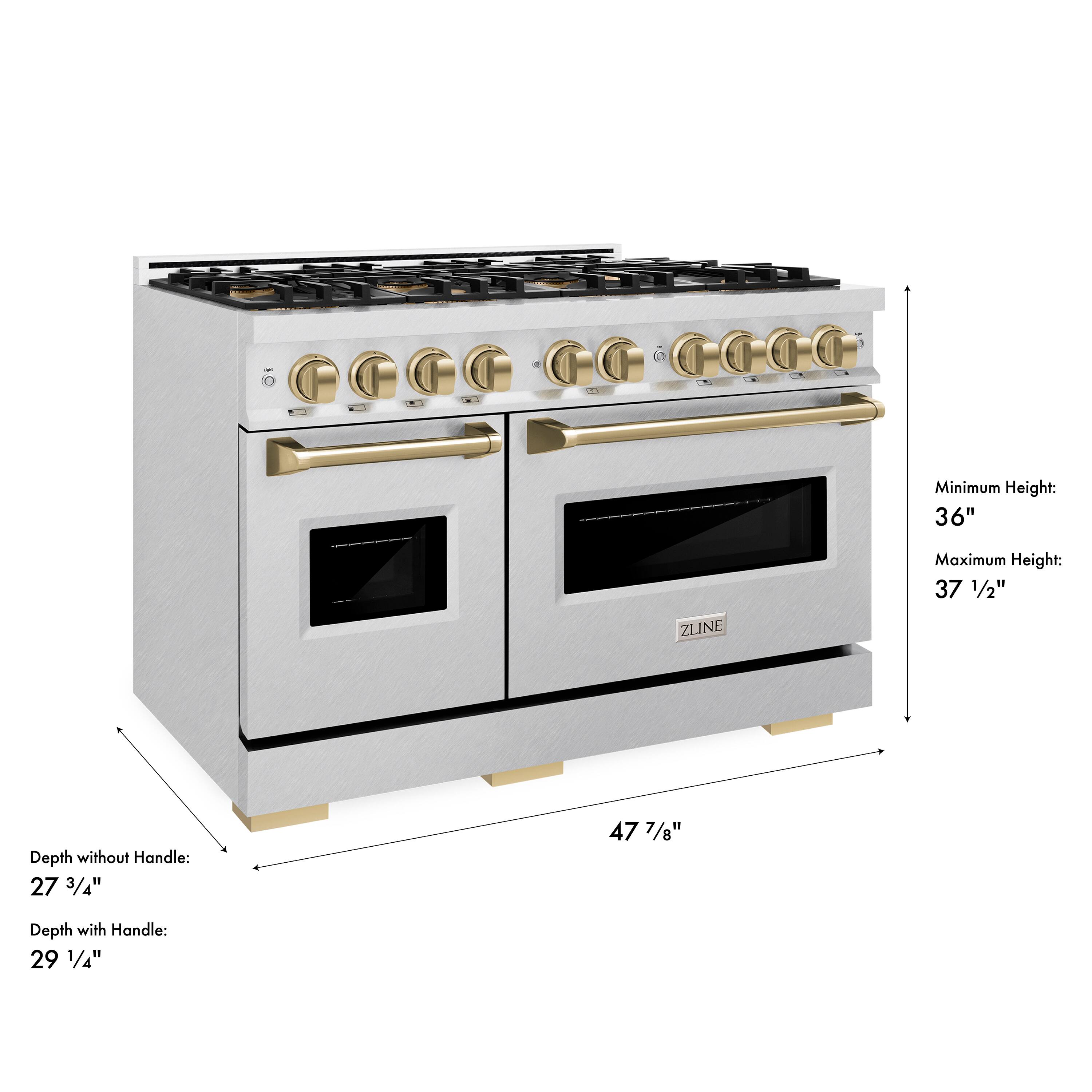 Minimum Height: 36"  
Maximum Height: 37 1/2"  
ZLINE  
Depth without Handle: 27 3/4"  
Depth with Handle: 29 1/4"  
47 7/8"